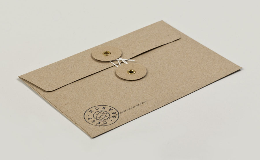 Envelope with uncoated, unbleached material and stamp detail created by Bielke+Yang for Norwegian shoe brand Deep Search