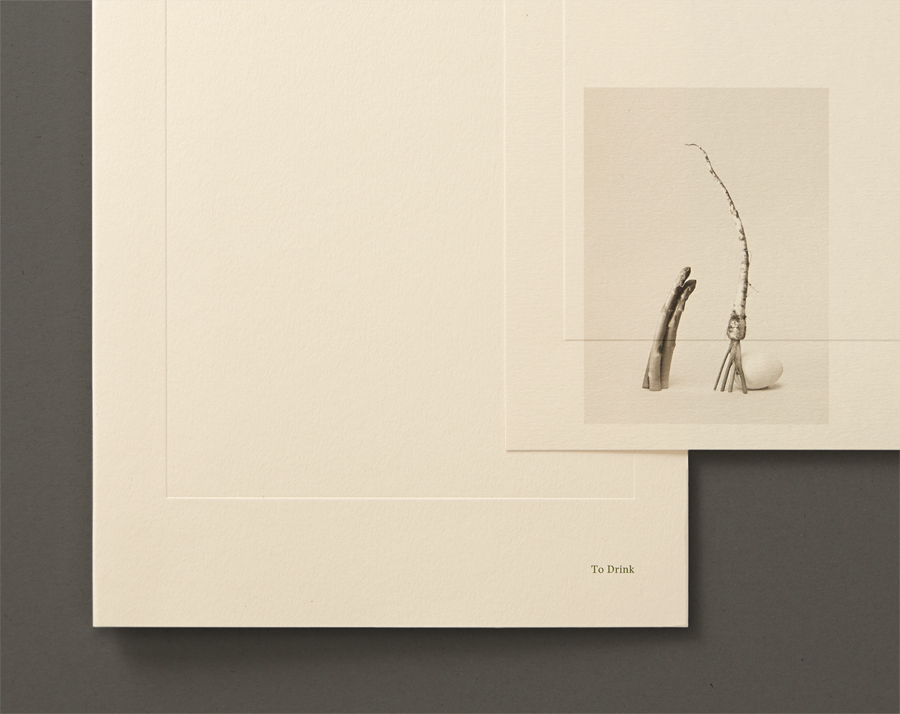 Menu with blind deboss and still life detail designed by Studio Round for restaurant Brae