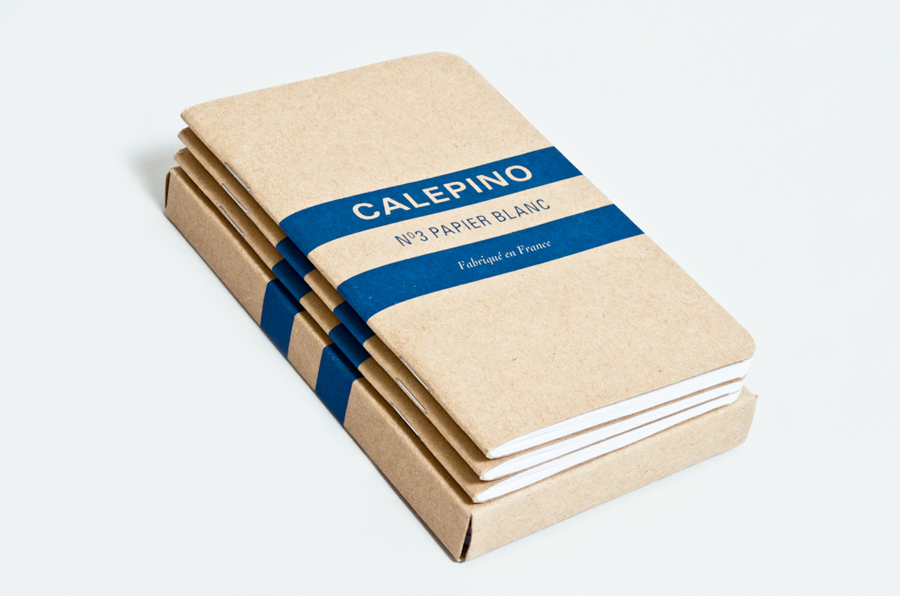 Logo and notebook packaging with uncoated, unbleached material detail designed by Studio Birdsall for French notebook brand and manufacturer Calepino