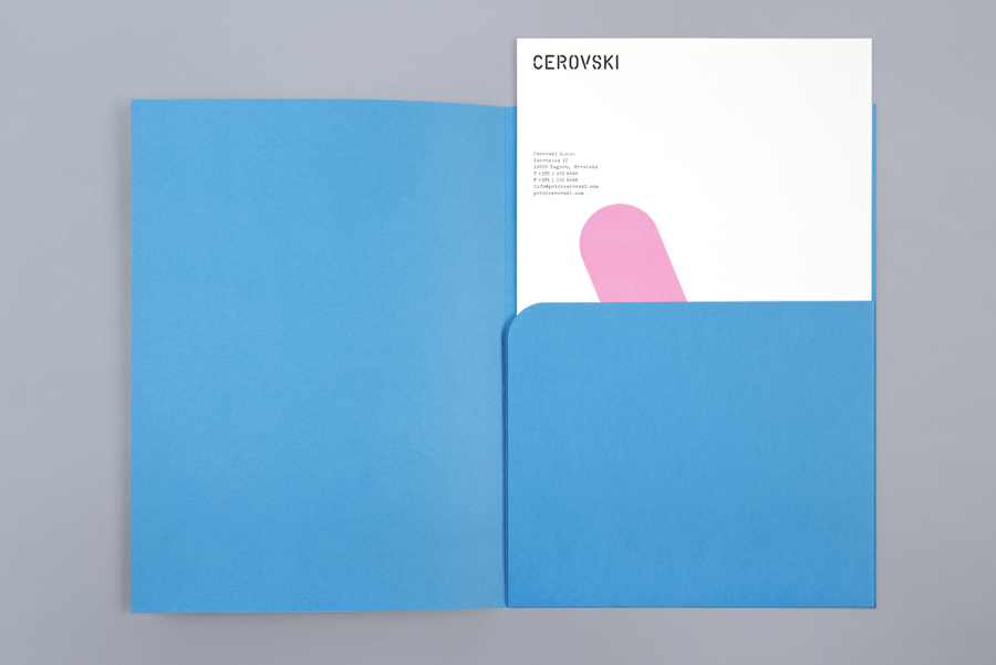 Letterhead and blue card folder for print production studio Cerovski designed by Bunch