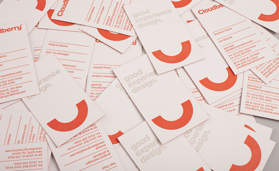 Logo and business card with red edge painted detail designed by Perky Bros for Cloudberry