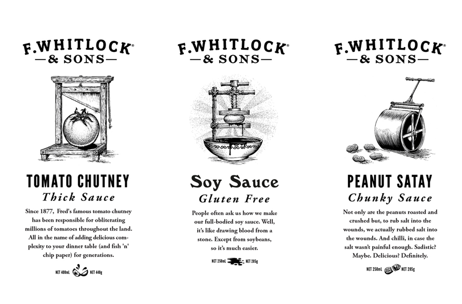 Packaging with etched illustrative detail for sauce and pickle brand F. Whitlock & Sons designed by Marx