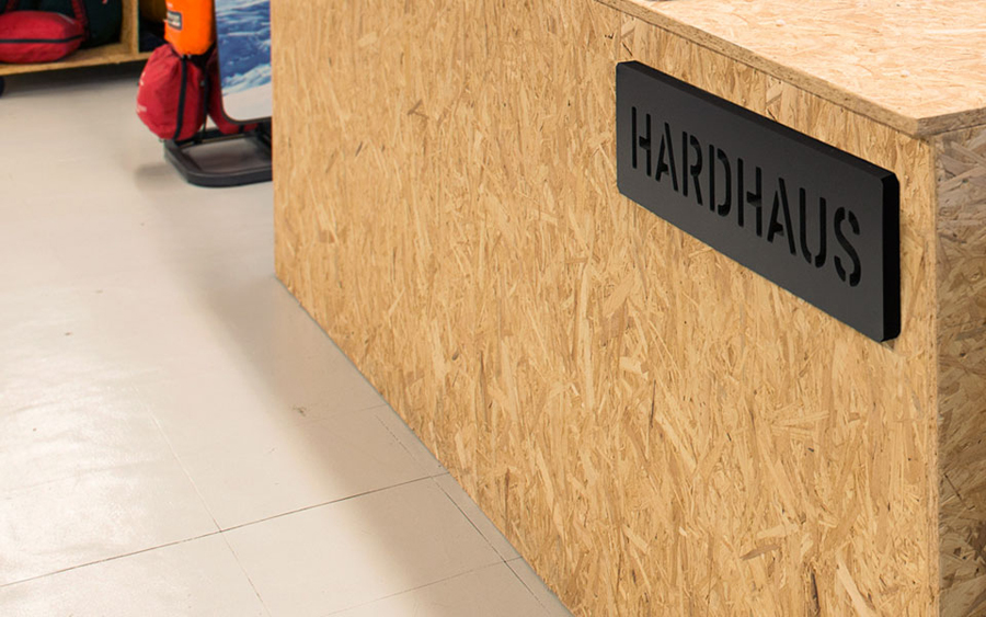 Logotype and chipboard table designed by Heydays for mountain sports retailer Hardhaus