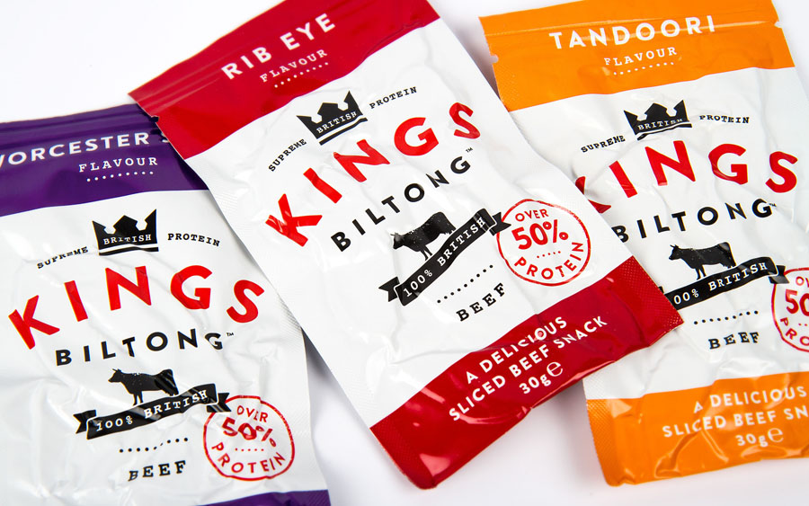 Packaging designed by Robot Food for snack and supplement range Kings Biltong