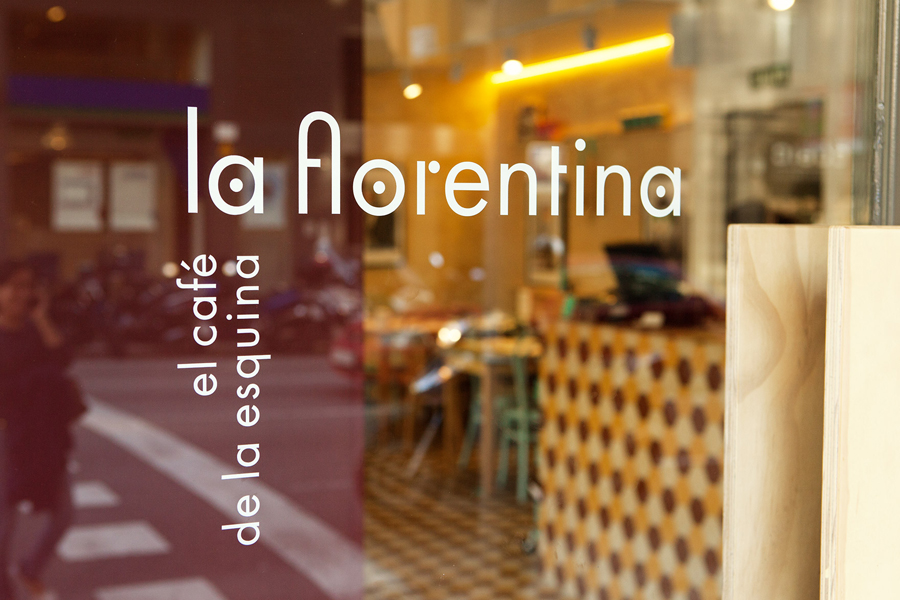 Logotype as a window decal designed by Mucho for Barcelona based Deli restaurant and all day cafe La Florentina