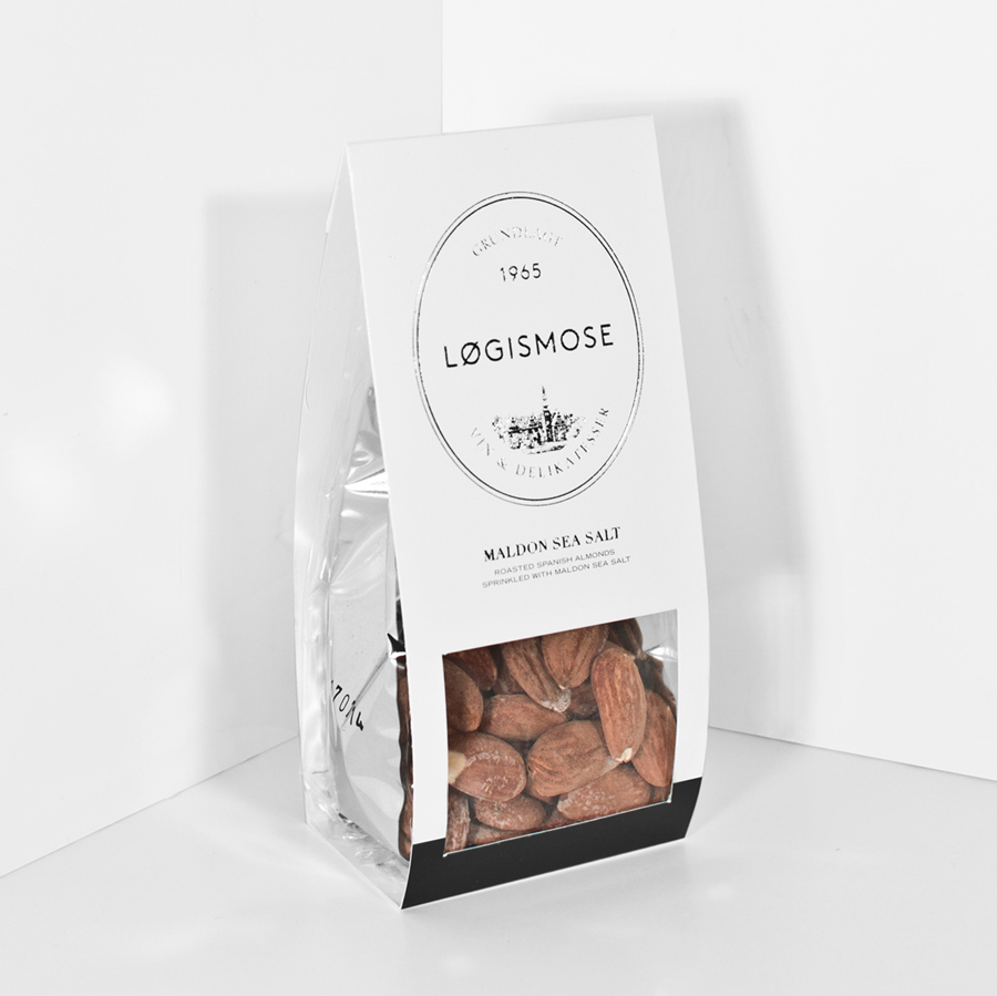 Logo and almond packaging designed by Homework for Løgismose