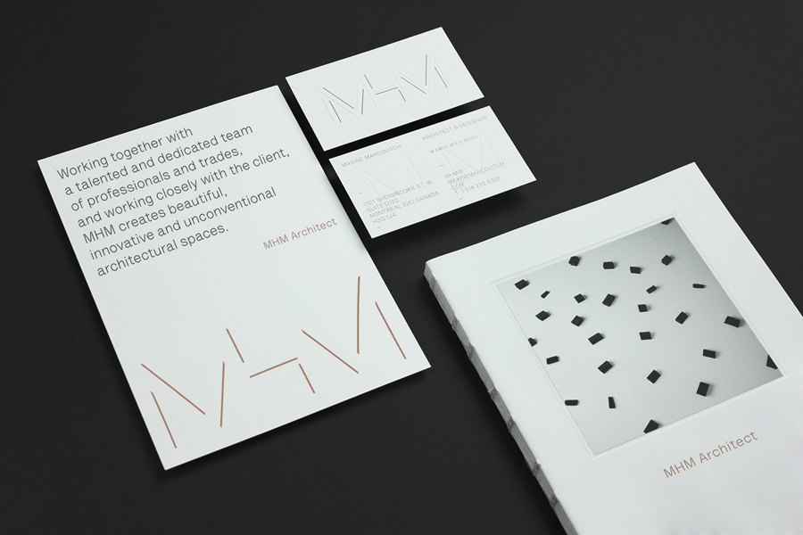  Logo, brochure and blind embossed business cards with metallic copper spot for MHM Architects by 26 Lettres