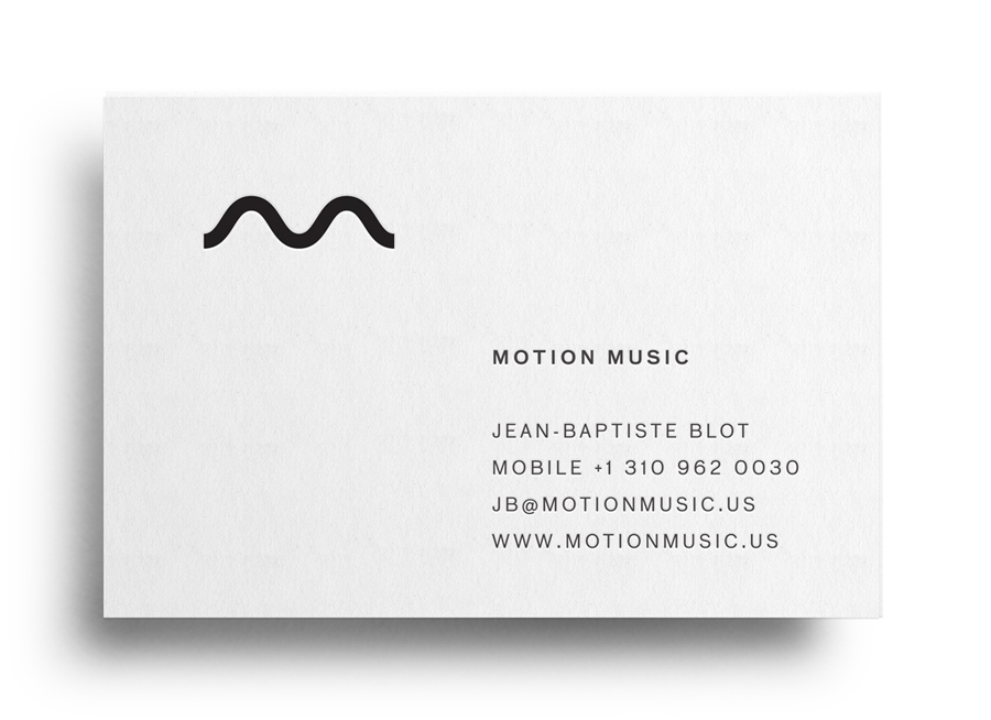 Logo and business card with black block foil detail designed by Face for tour management agency Motion Music