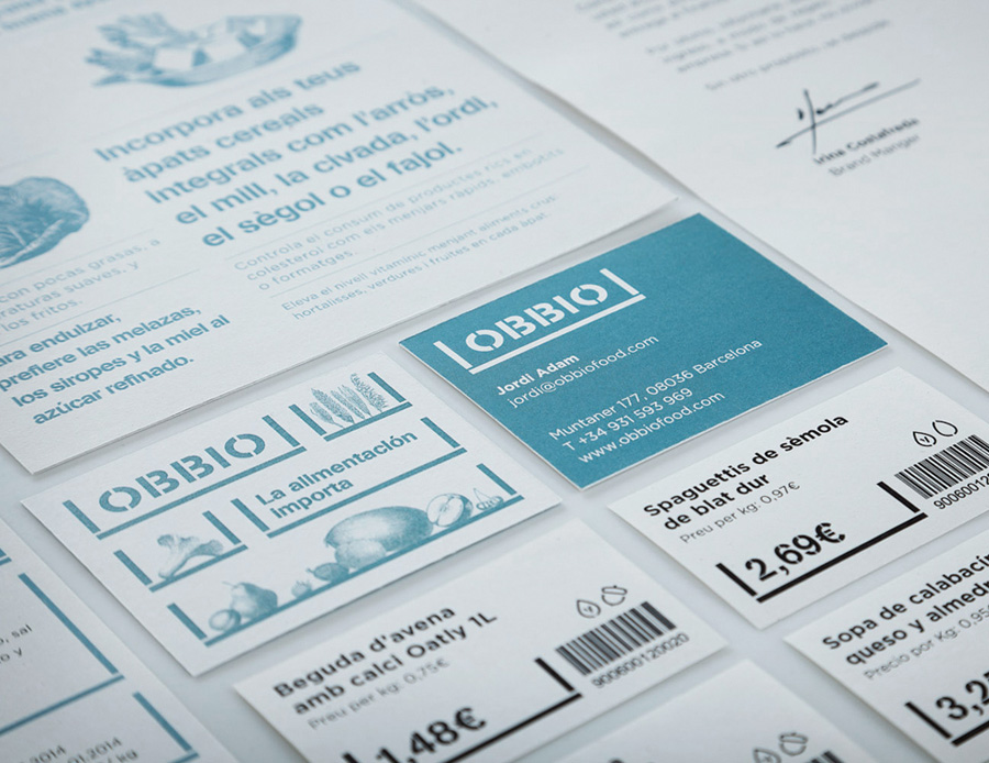 Logo and business cards designed by Mayuscula for Spanish organic supermarket Obbio