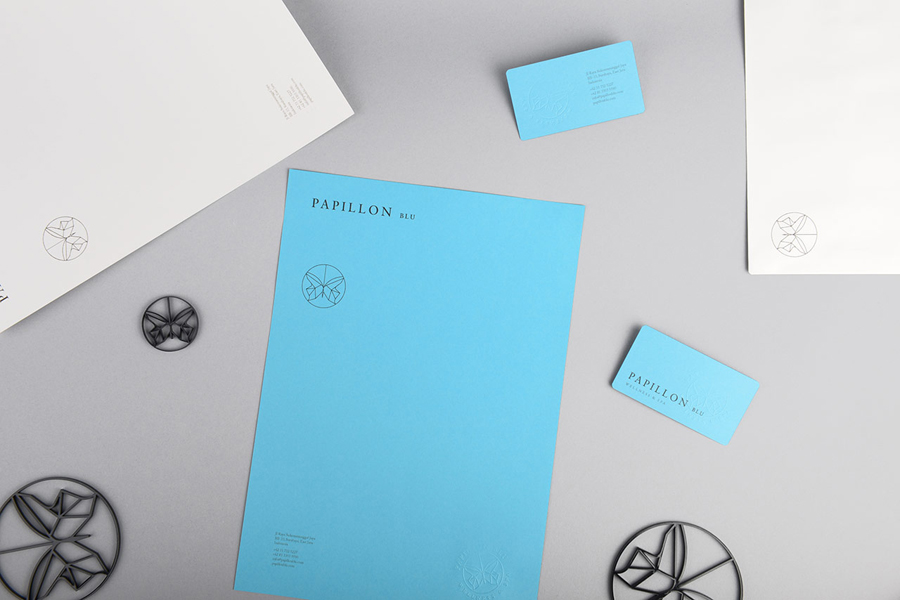 Logo and stationery with coloured paper detail designed by Sciencewerk for Indonesian spa Papillon Blu