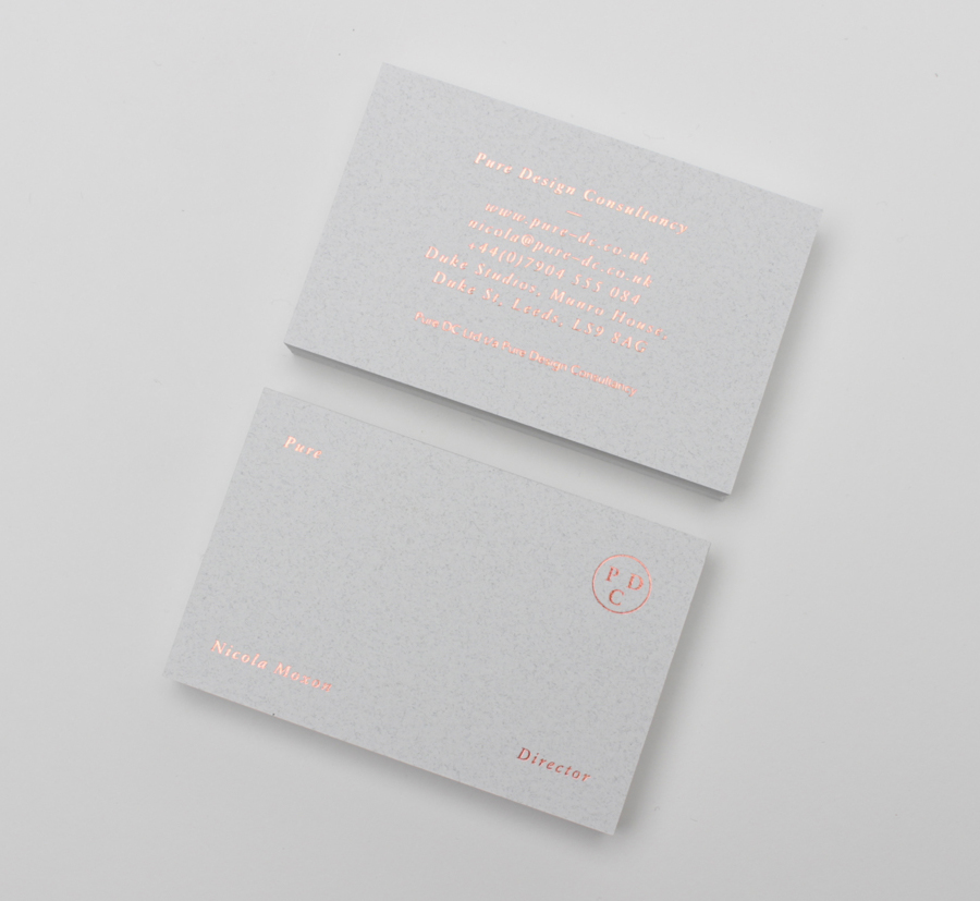 Business cards with copper foil and alabaster paper detail by Passport for interior design consultancy Pure