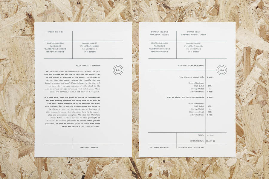 Logo and letterhead design by Lundgren+Lindqvist for Swedish bespoke furniture designer and manufacturer Sebastian C. Johansson