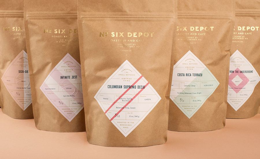 Packaging with gold foil and blind emboss detail designed by Perky Bros for small-batch coffee roaster and café No. Six Depot