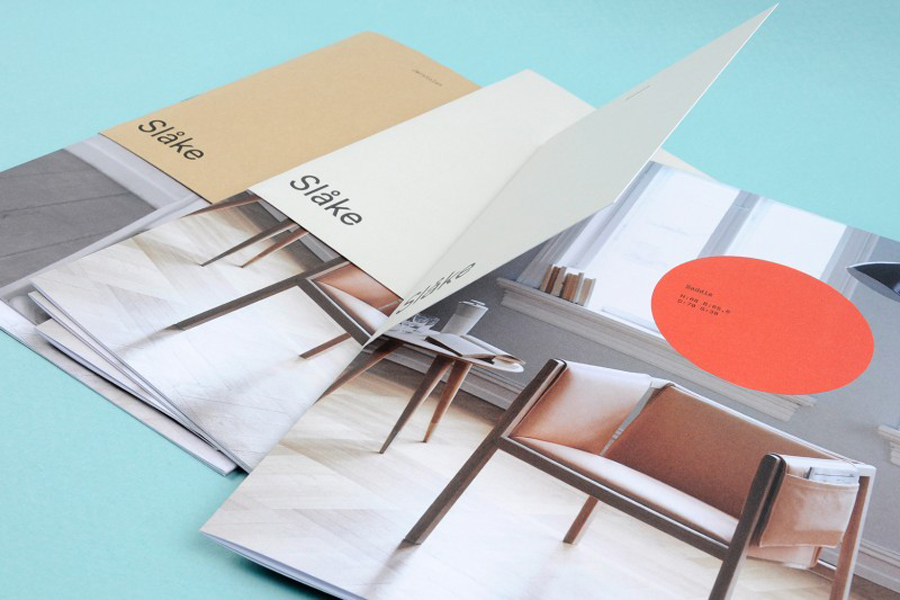 Brand identity and print with bright neon and earthy colour palette for furniture manufacturer Slåke Møbelfabrikk designed by Ghost