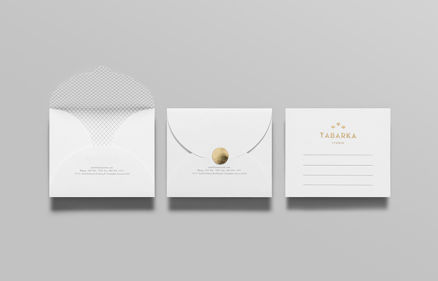 Logo and stationery with gold block foil detail designed by Anagrama for handcrafted terracotta tile specialist Tabarka Studio