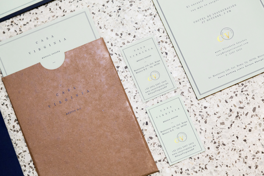 Menu with unbleached and green pastel paper and gold foil detail designed by Savvy for restaurant Casa Virginia