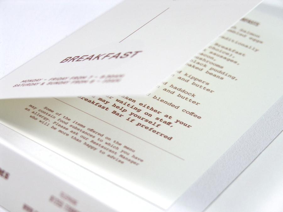 Breakfast menu with copper ink print treatment designed by Wash for the Clifton Arms Hotel