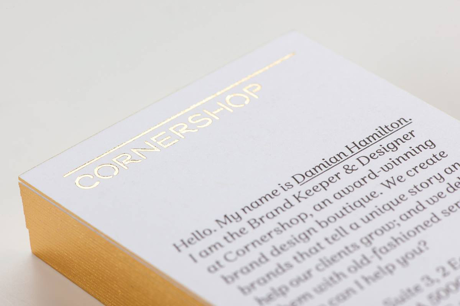 Logo and gold foil business cards with period portrait detail for Adelaide design studio Cornershop