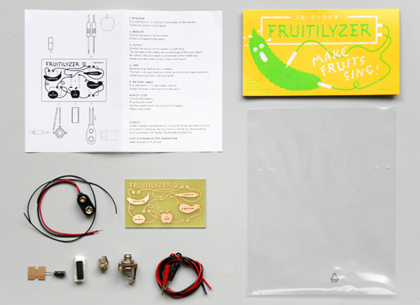 Packaging with fluorescent spot colours designed by Resort for fruit and vegetable based electronic music making kit Fruitilyzer