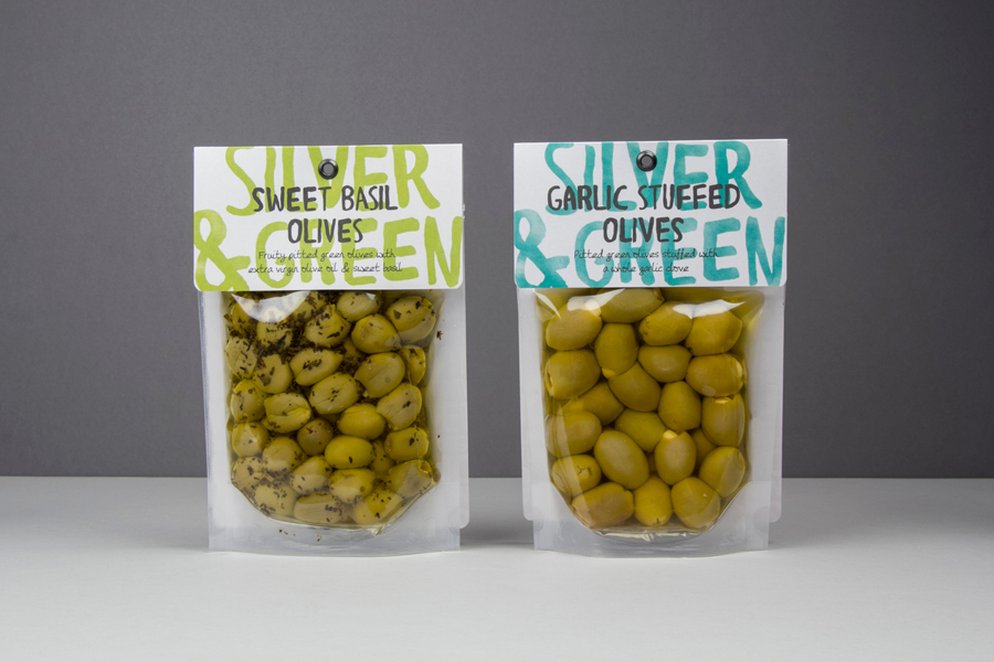 Olive packaging designed by Salad Creative for UK based Mediterranean delicacy producer, importer and wholesaler Silver & Green