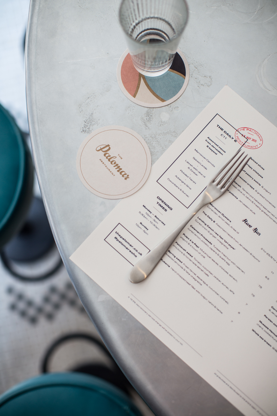 Logotype, menu and coasters with gold foil detail designed by Here for Soho restaurant The Palomar