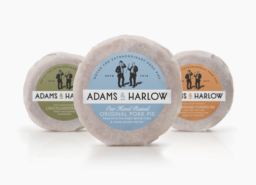 Packaging and branding created by Designers Anonymous for Lincolnshire made pork pie brand Adams & Harlow