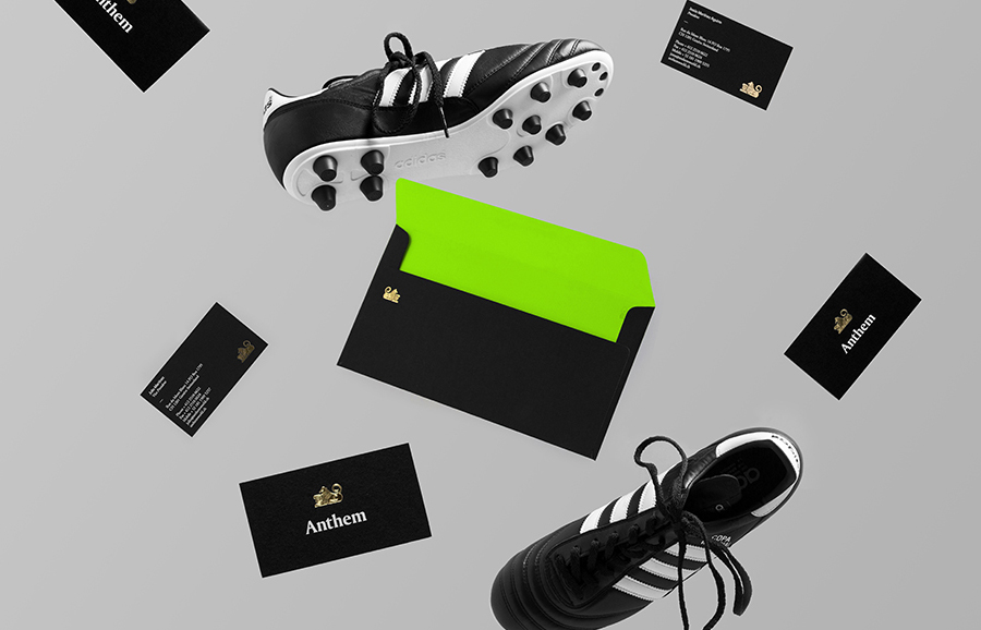 Stationery with embossed gold foil detail by Anagrama for football scout and transfer business Anthem