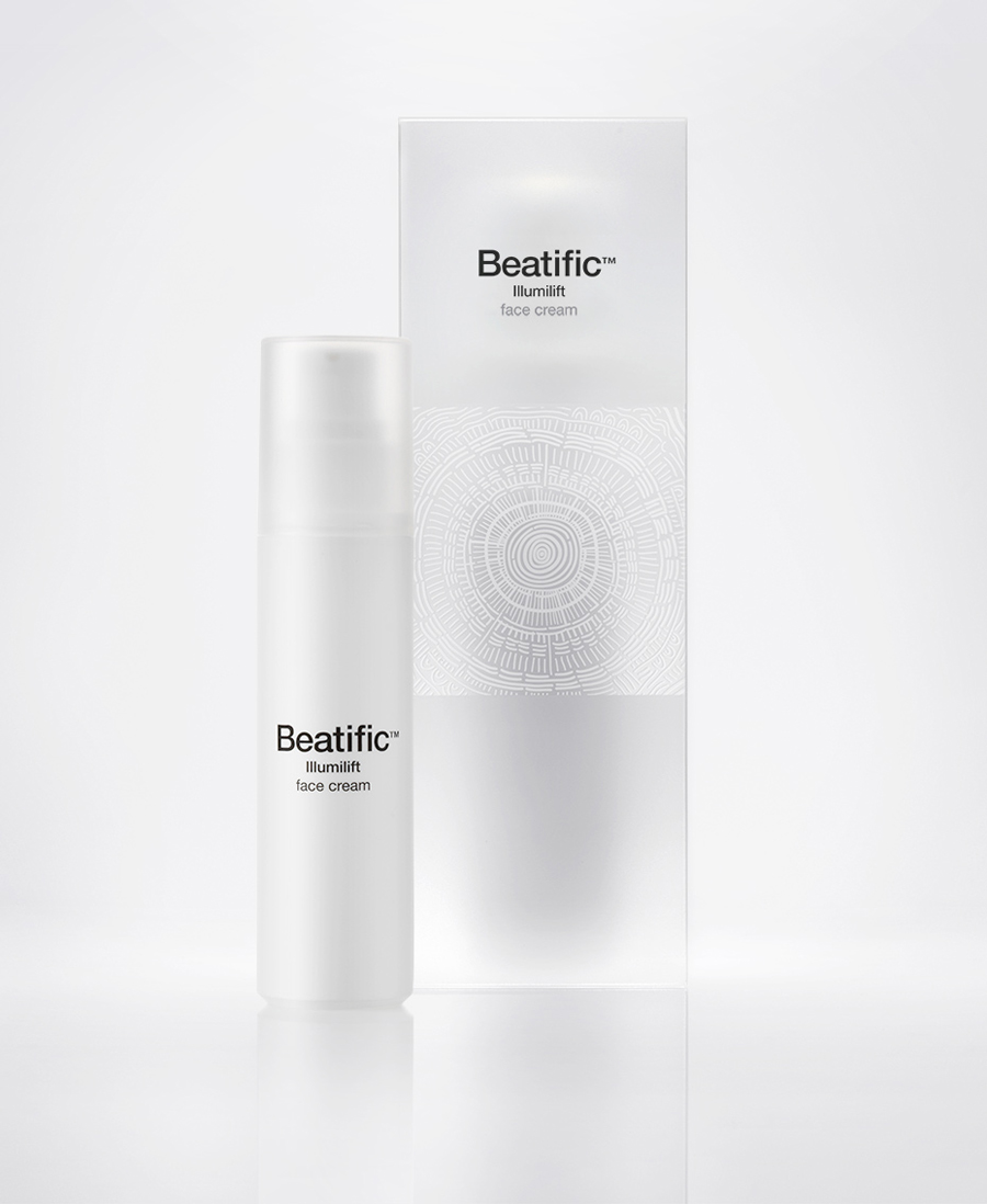 Logo and packaging with frosted plastic and illustrative detail by Mousegraphics for Hygeia Group's new skincare line Beatific
