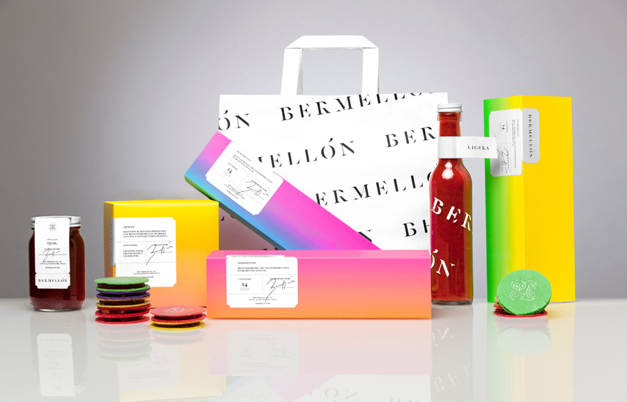 Packaging range with neon inks, tradition typography with stencil cuts and sticker detail for confectionery shop Bermellón designed by Anagrama