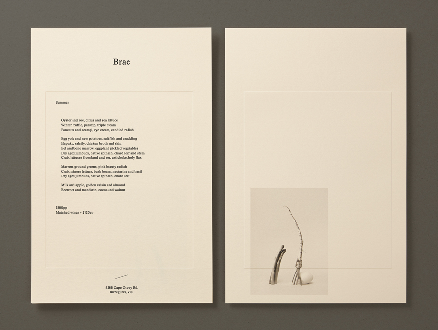 Menu with blind deboss and still life detail designed by Studio Round for restaurant Brae