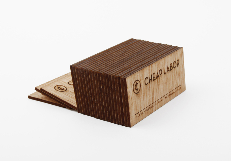 Logo and wooden business cards with heat treated detail for craft retail site Cheap Labor designed by Sciencewerk