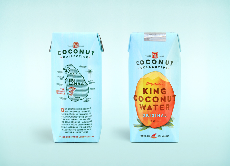 Bright contemporary packaging for organic, flavoured, coconut water brand The Coconut Collective by Marx Design