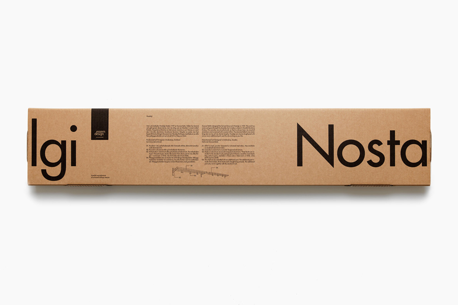 Packaging with black ink across an unbleached board designed by Bedow for hat and shoe rack Nostalgi from manufacturer Essem