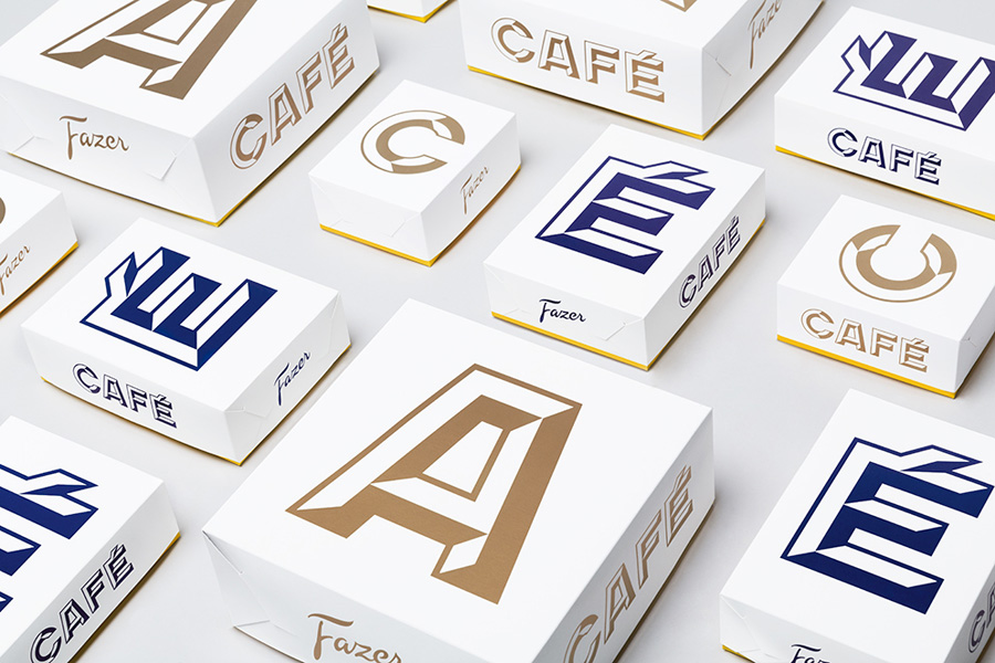 Packaging with bold typographic approach for Helsinki-based Fazer Cafe designed by Kokoro & Moi