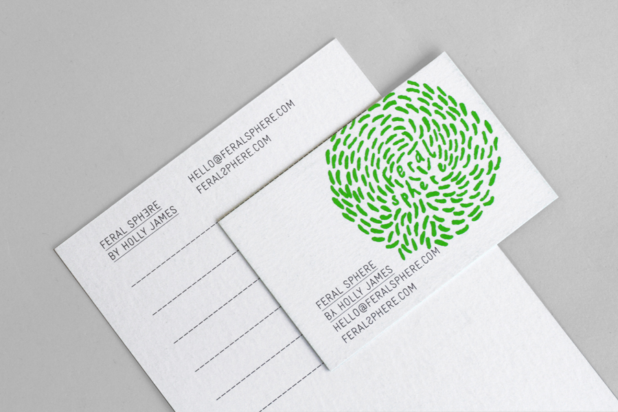 Logo and print with a bright fluorescent spot green print finish designed by Mind for fashion label Feral Sphere