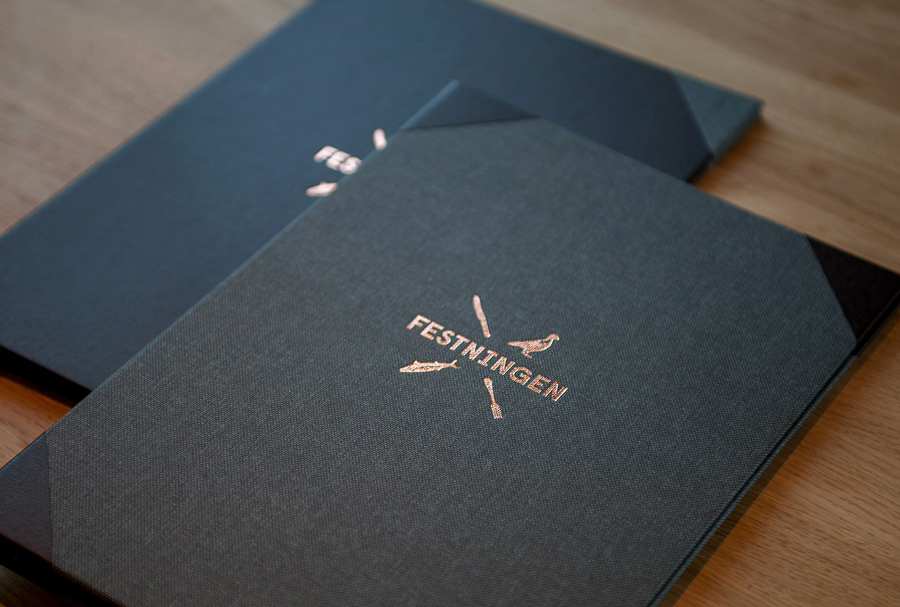 Logo and menu with copper foil detail designed by Uniform for Oslo brasserie Festningen