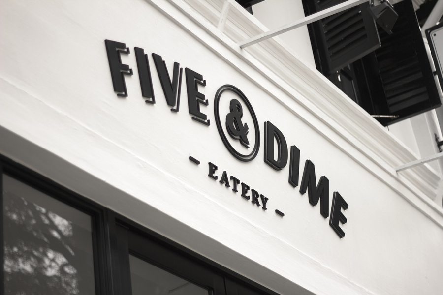 Logo design and exterior signage by Bravo Company for Singapore cafe and restaurant Five & Dime