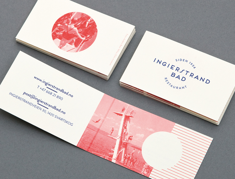 Logo and print with vintage red tinted photography detail designed by Uniform for recently refurbished Norwegian restaurant Ingierstrand Bad