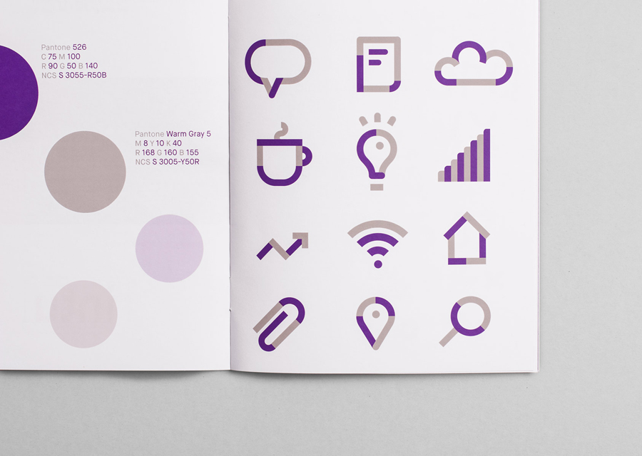 Brand guidelines with a purple spot colour detail designed by Heydays for Norwegian accounting and consultant firm Intu