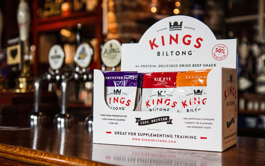 Packaging designed by Robot Food for snack and supplement range Kings Biltong