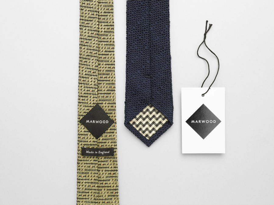 Logo, tag and stitched in label design by Everything In Between for London-based tie and neckwear brand Marwood