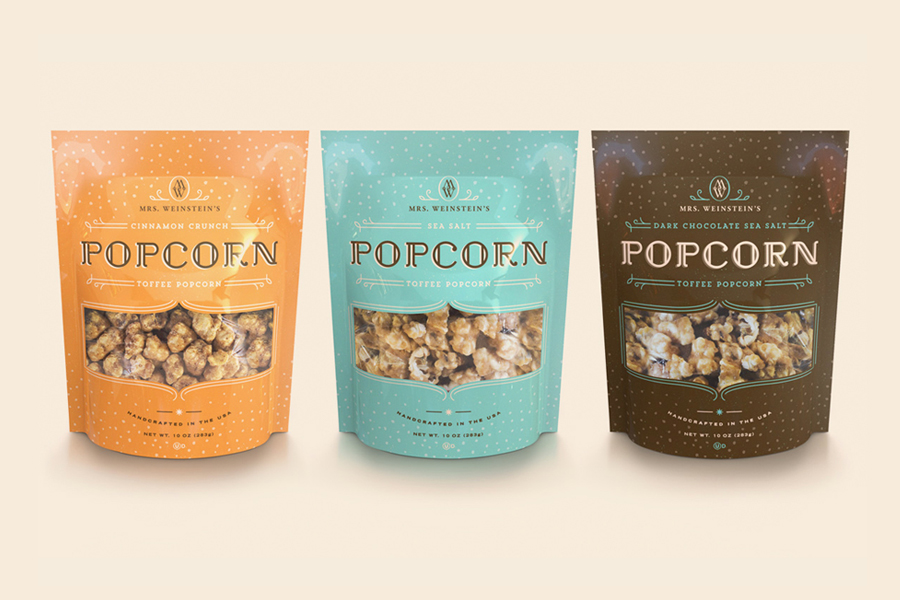 Packaging created by Studio MPLS for Mrs. Weinstein's popcorn packaging
