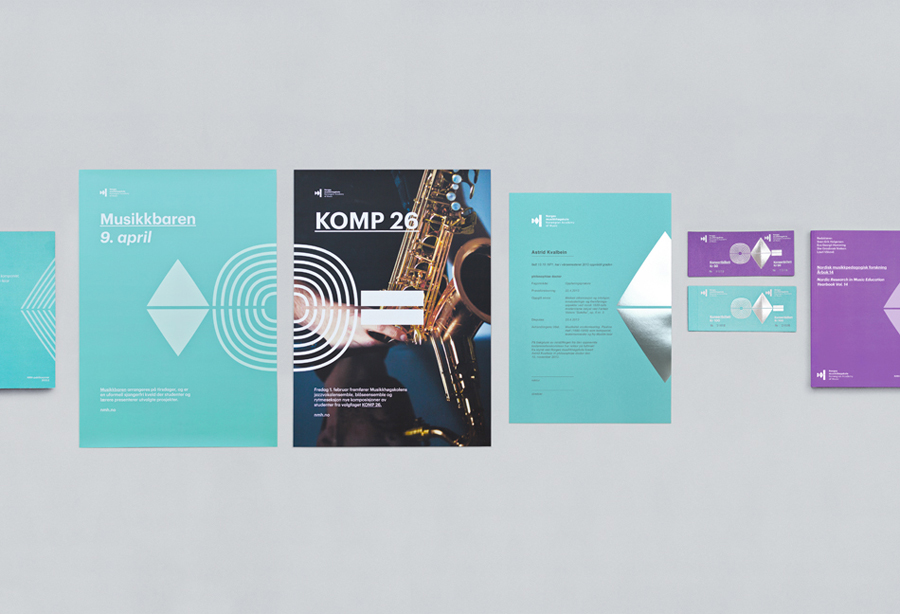 Logo and stationery with silver foil detail for the Norwegian Academy of Music designed by Neue