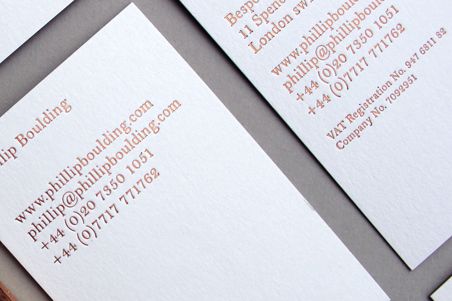 Duplex business card with copper foil detail designed by Stylo for jewellers Phillip Boulding