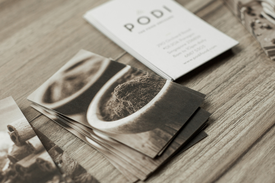 Logotype and business cards designed by Bravo Company for Singapore-based organic restaurant Podi