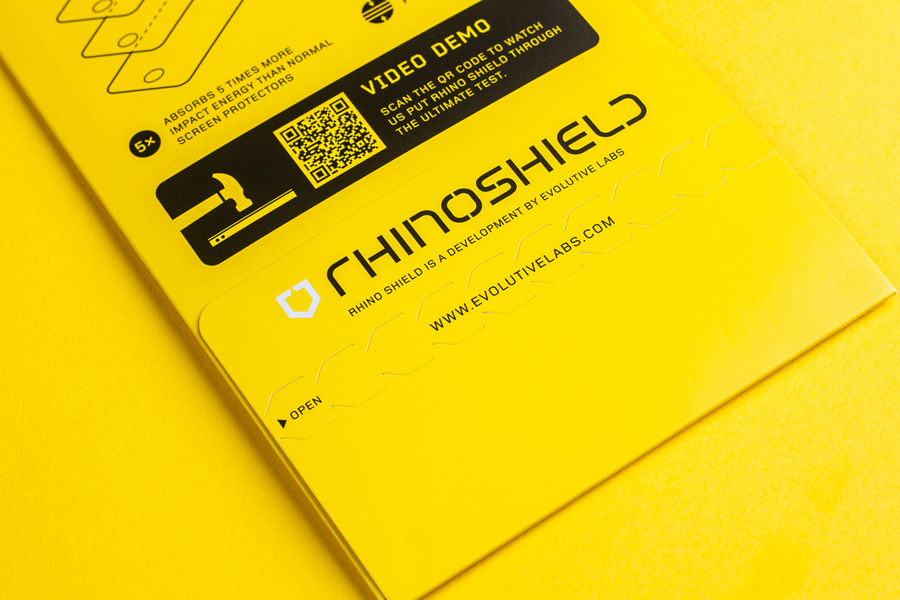 Packaging by Bravo Company for high impact screen protector Rhinoshield