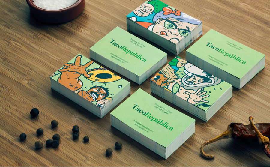 Business cards feat. illustration by Uglylogo for Taco República designed by Bielke+Yang