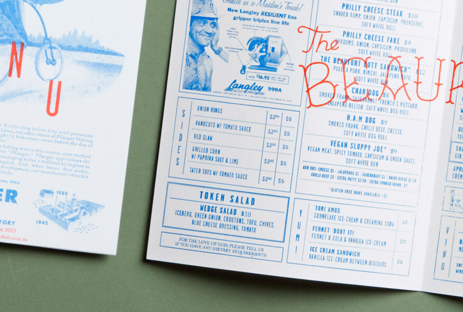 Logo and illustrated menu for Melbourne-based themed dive bar The Beaufort, designed by The Company You Keep