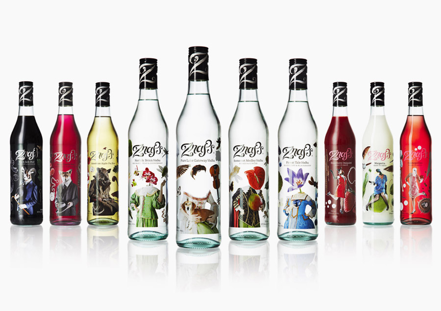 Packaging designed by Amore for Swedish premium vodka, shooters and cocktails range Znaps