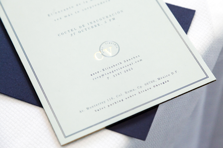 Menu with navy blue and green pastel paper and gold foil detail designed by Savvy for restaurant Casa Virginia